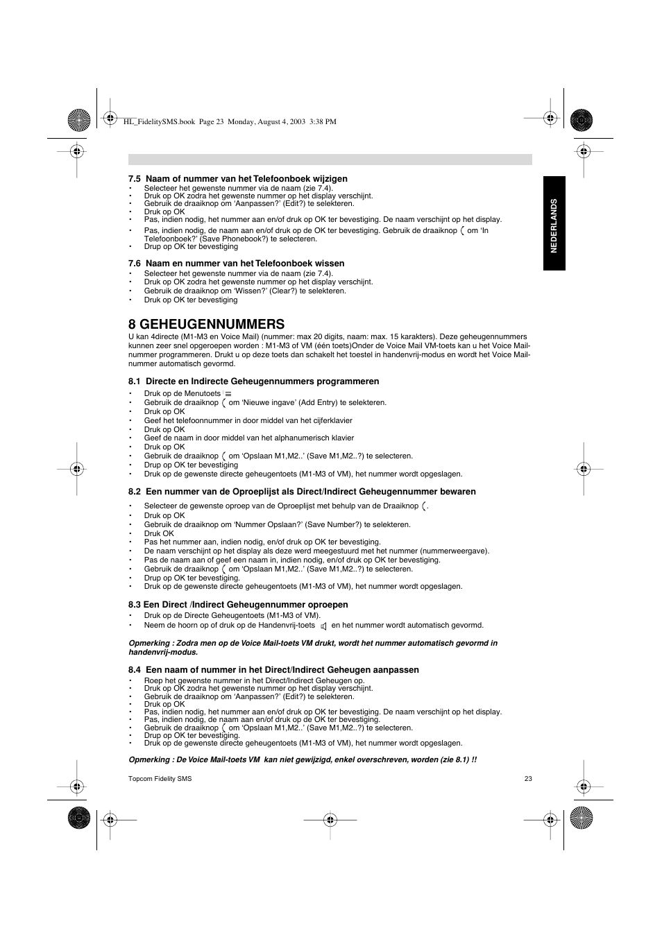 8 geheugennummers | Topcom FIDELITY SMS User Manual | Page 23 / 140