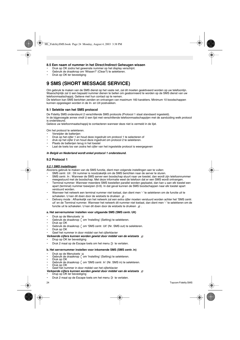 9 sms (short message service) | Topcom FIDELITY SMS User Manual | Page 24 / 140