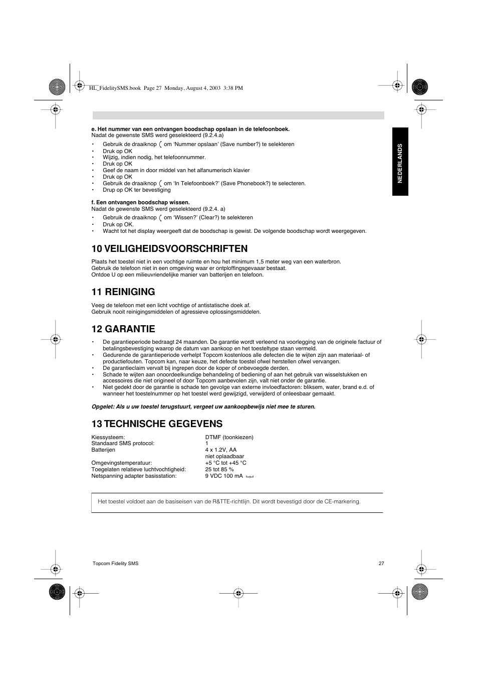 10 veiligheidsvoorschriften, 11 reiniging, 12 garantie | 13 technische gegevens | Topcom FIDELITY SMS User Manual | Page 27 / 140