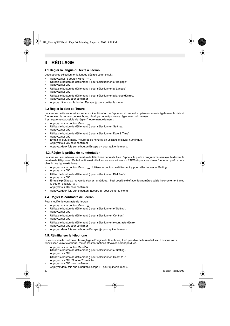 4 réglage | Topcom FIDELITY SMS User Manual | Page 30 / 140