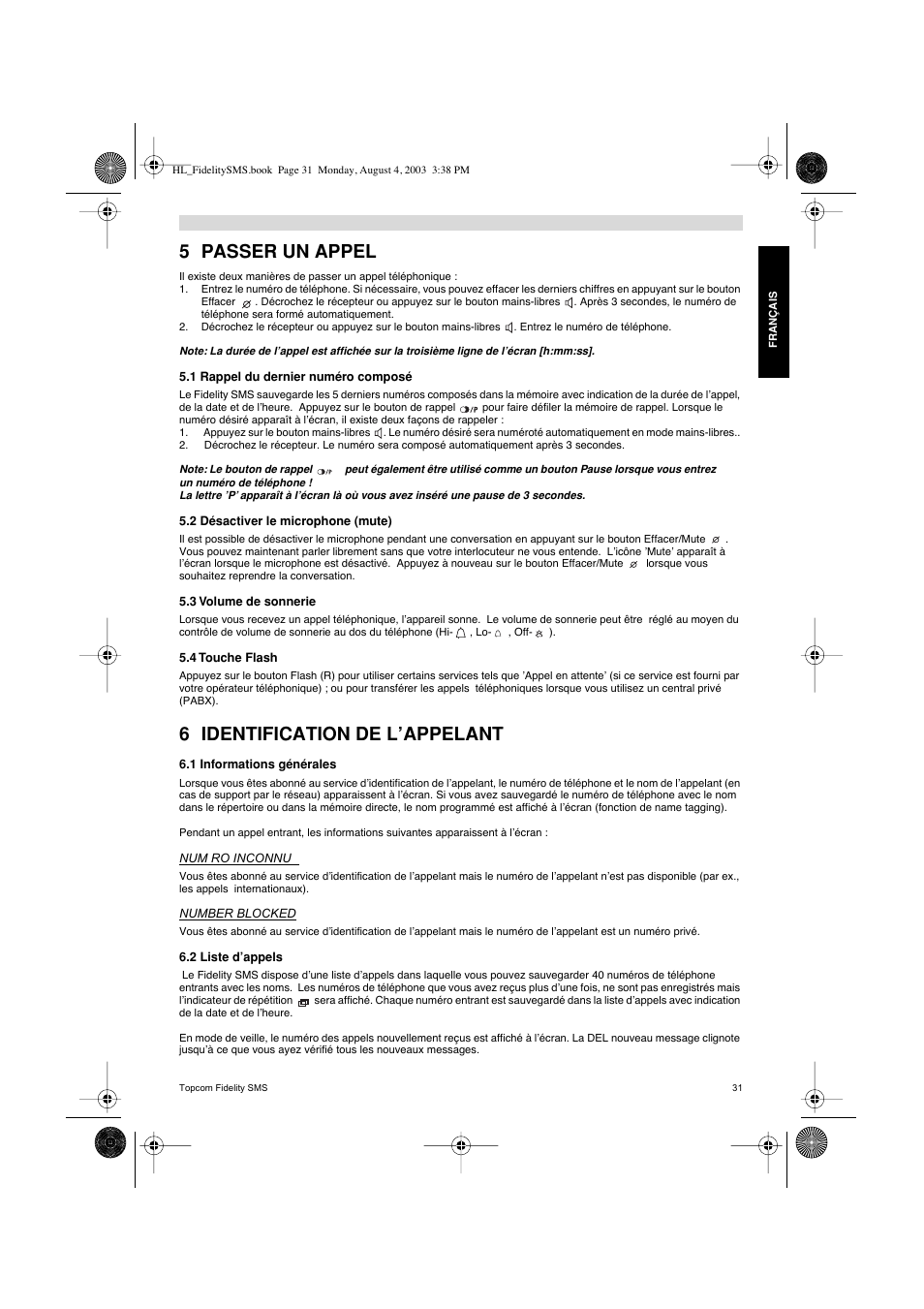 5 passer un appel, 6 identification de l’appelant | Topcom FIDELITY SMS User Manual | Page 31 / 140