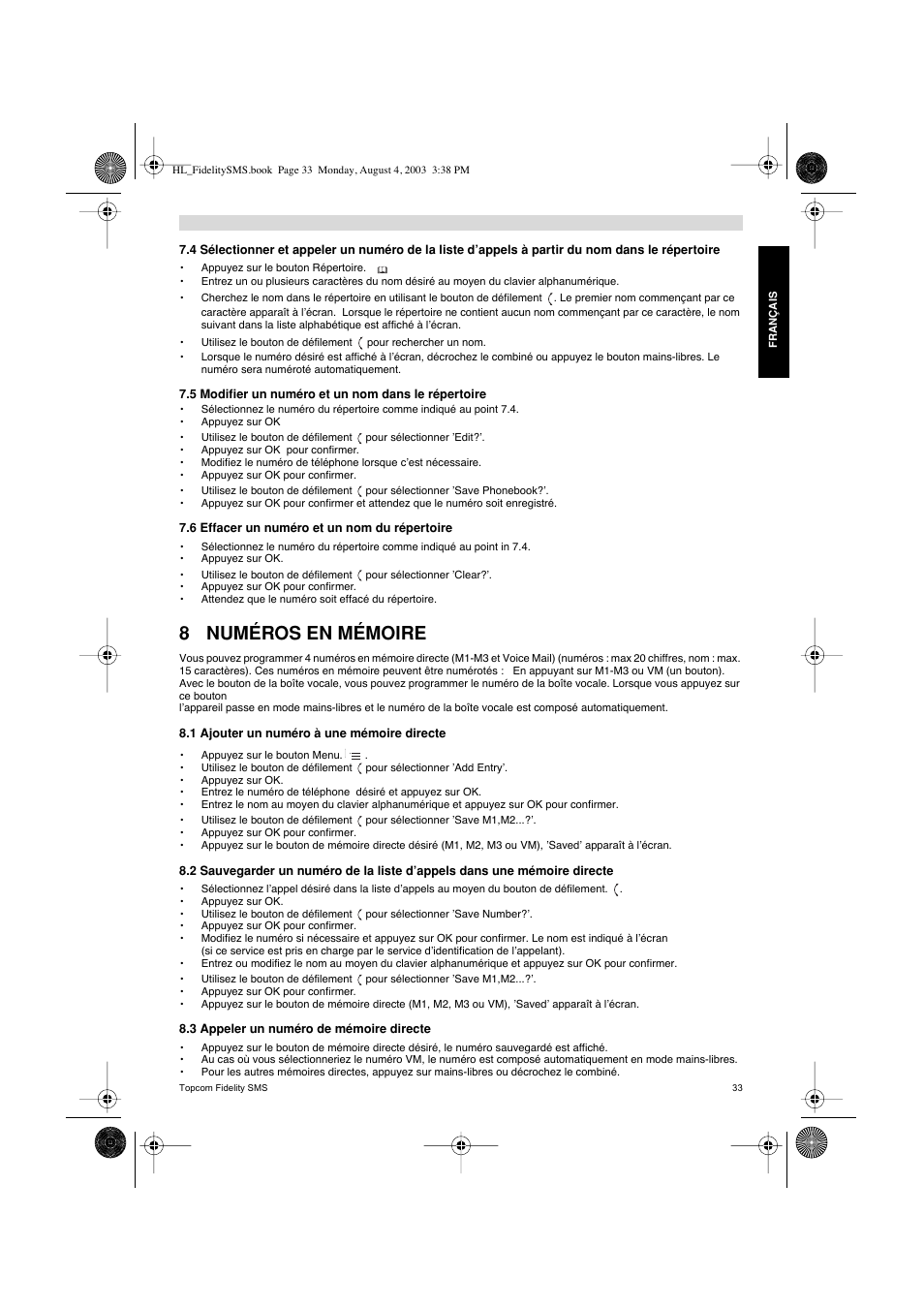 8 numéros en mémoire | Topcom FIDELITY SMS User Manual | Page 33 / 140