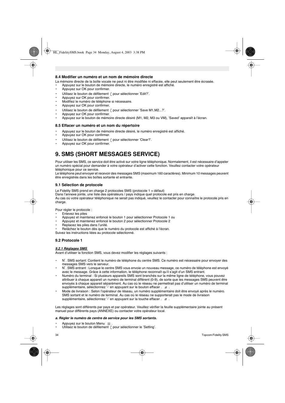 Sms (short messages service) | Topcom FIDELITY SMS User Manual | Page 34 / 140