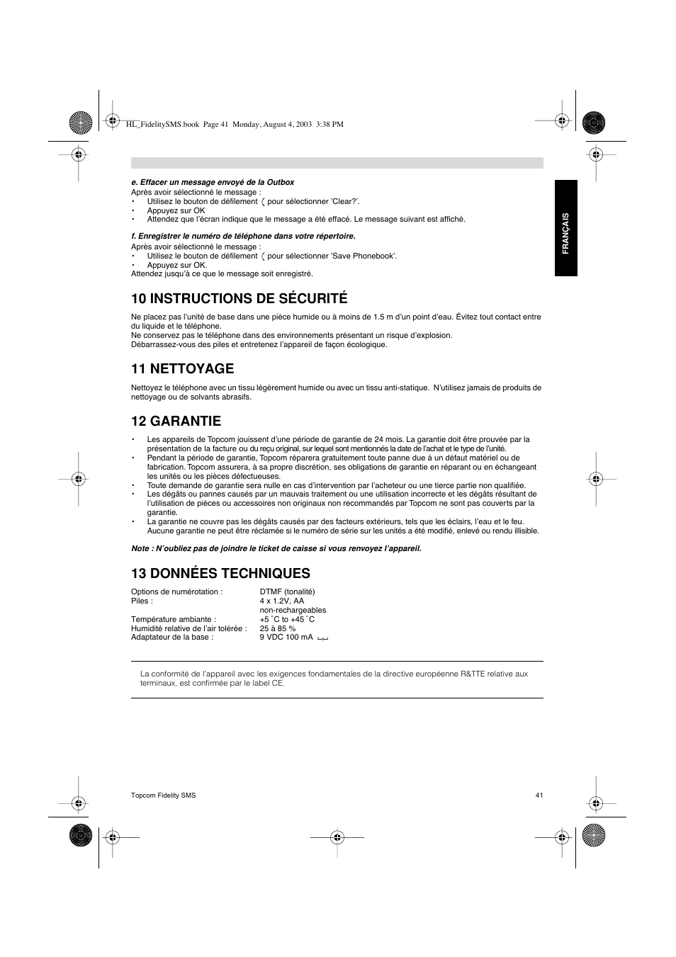 10 instructions de sécurité, 11 nettoyage, 12 garantie | 13 données techniques | Topcom FIDELITY SMS User Manual | Page 41 / 140