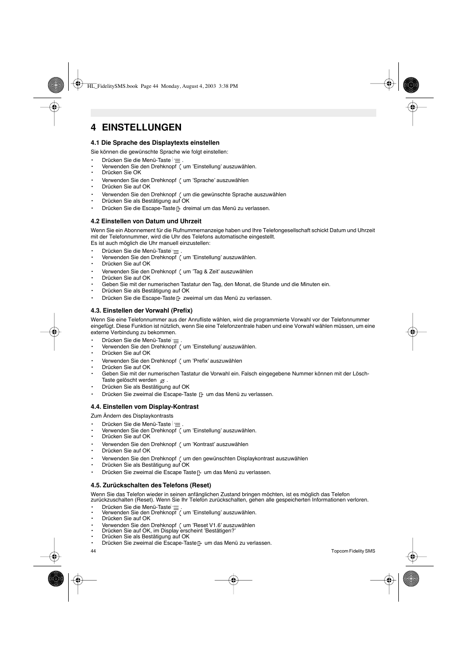 4 einstellungen | Topcom FIDELITY SMS User Manual | Page 44 / 140