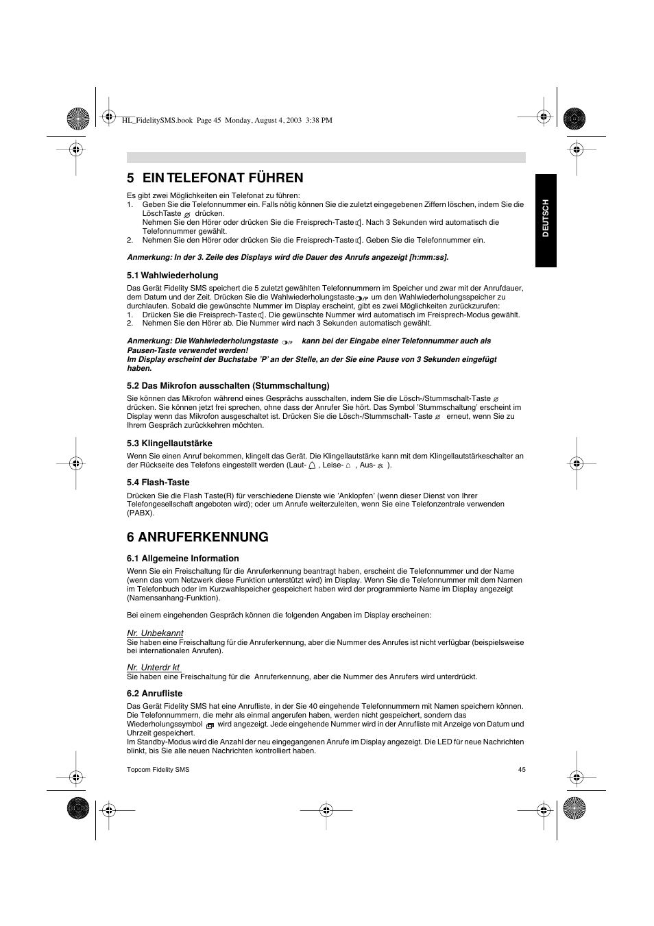 5 ein telefonat führen, 6 anruferkennung | Topcom FIDELITY SMS User Manual | Page 45 / 140