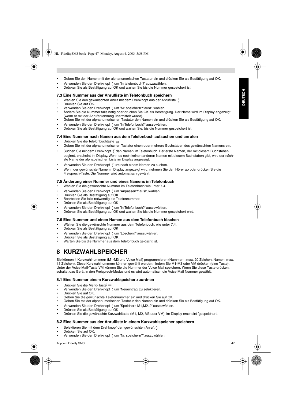 8 kurzwahlspeicher | Topcom FIDELITY SMS User Manual | Page 47 / 140