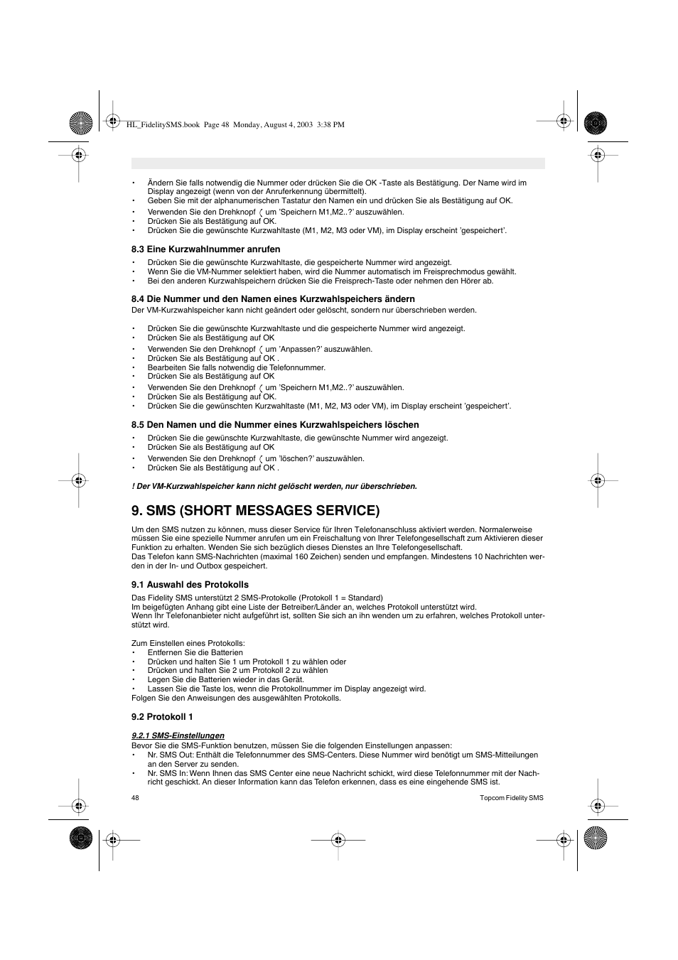 Sms (short messages service) | Topcom FIDELITY SMS User Manual | Page 48 / 140