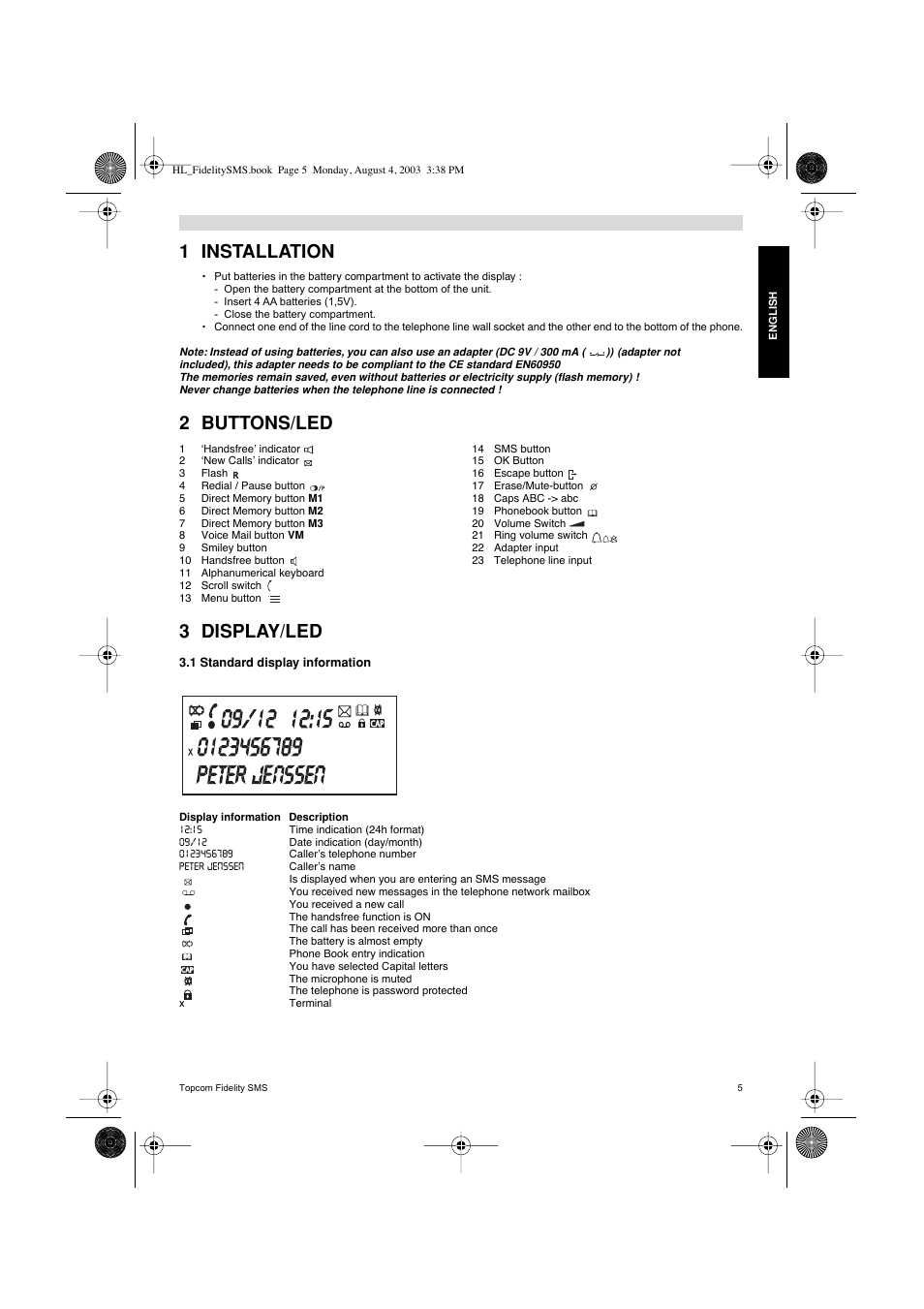 1 installation, 2 buttons/led 3 display/led | Topcom FIDELITY SMS User Manual | Page 5 / 140