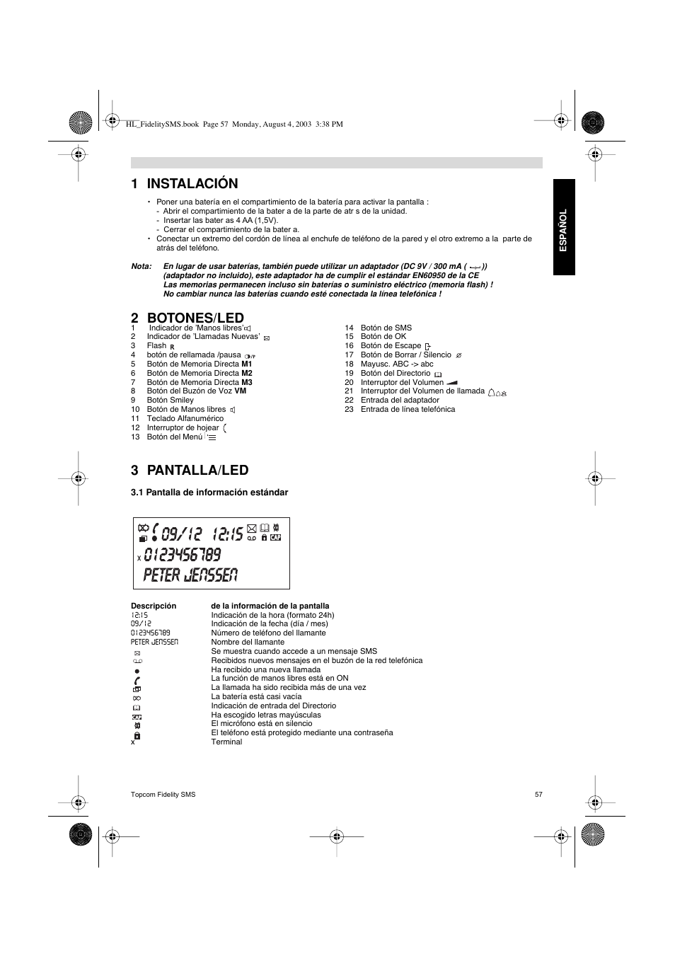 1 instalación, 2 botones/led 3 pantalla/led | Topcom FIDELITY SMS User Manual | Page 57 / 140