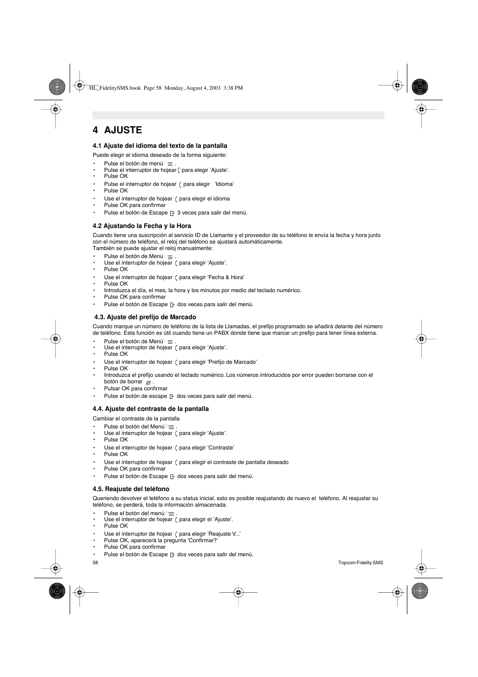 4 ajuste | Topcom FIDELITY SMS User Manual | Page 58 / 140