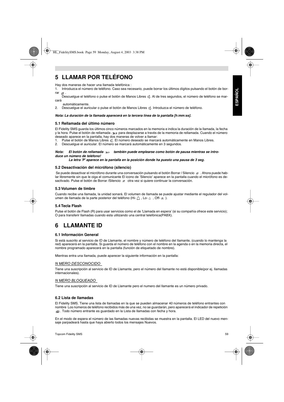 5 llamar por teléfono, 6 llamante id | Topcom FIDELITY SMS User Manual | Page 59 / 140