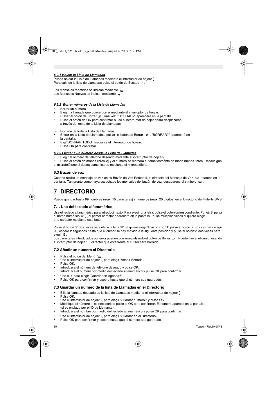 7 directorio | Topcom FIDELITY SMS User Manual | Page 60 / 140