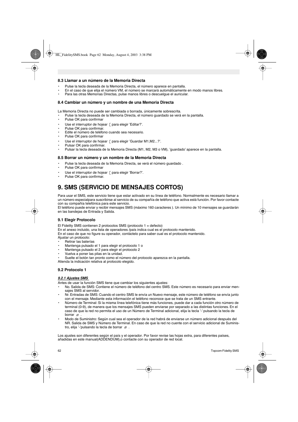 Sms (servicio de mensajes cortos) | Topcom FIDELITY SMS User Manual | Page 62 / 140