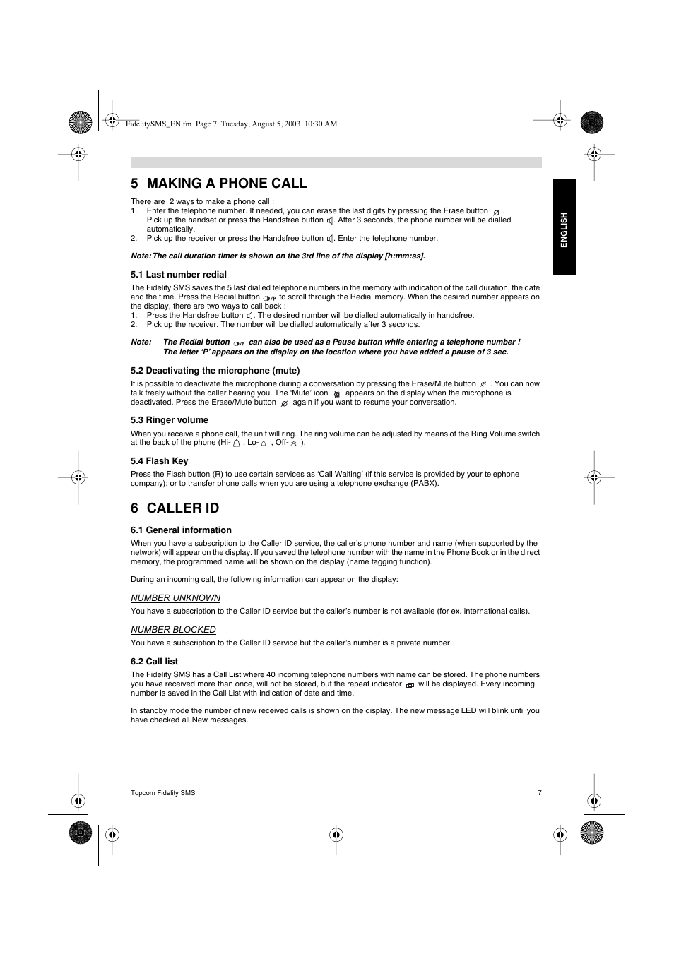 5 making a phone call, 6 caller id | Topcom FIDELITY SMS User Manual | Page 7 / 140