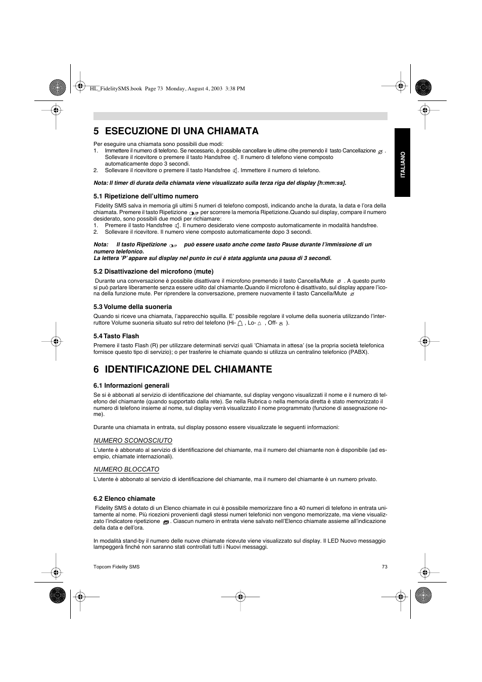 5 esecuzione di una chiamata, 6 identificazione del chiamante | Topcom FIDELITY SMS User Manual | Page 73 / 140