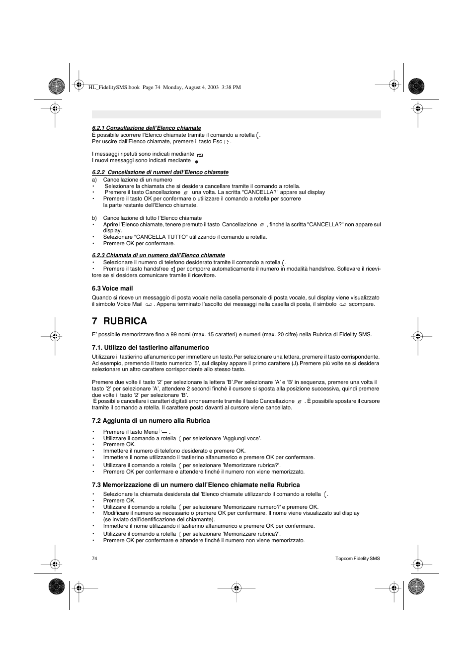 7 rubrica | Topcom FIDELITY SMS User Manual | Page 74 / 140
