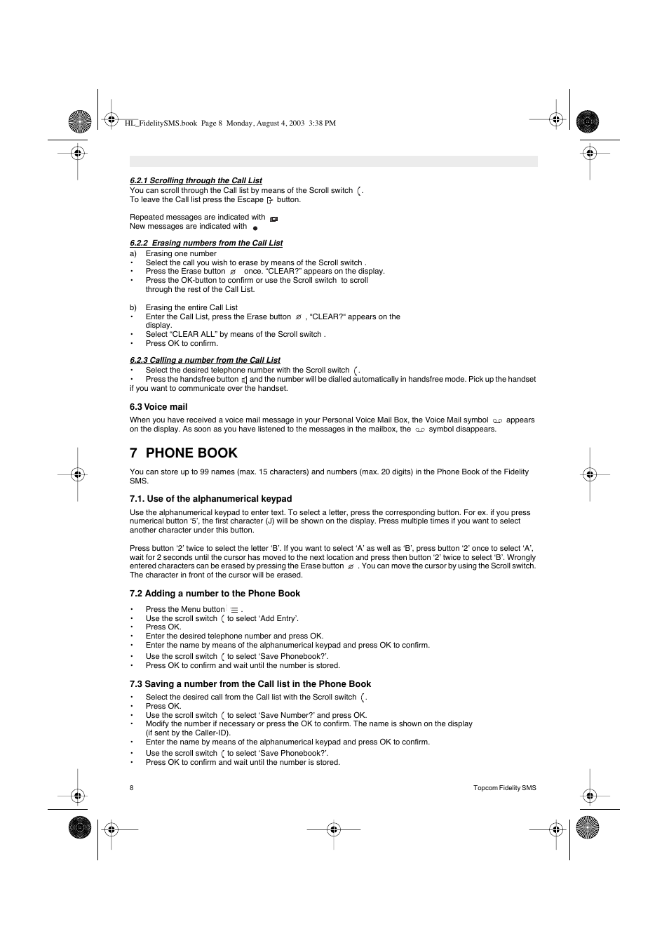 7 phone book | Topcom FIDELITY SMS User Manual | Page 8 / 140
