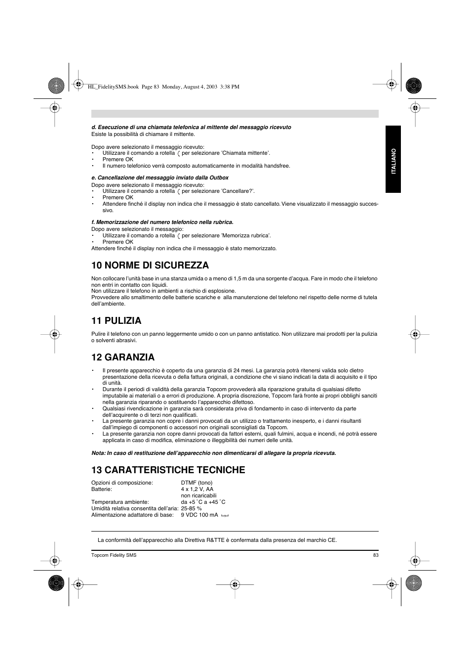 10 norme di sicurezza, 11 pulizia, 12 garanzia | 13 caratteristiche tecniche | Topcom FIDELITY SMS User Manual | Page 83 / 140