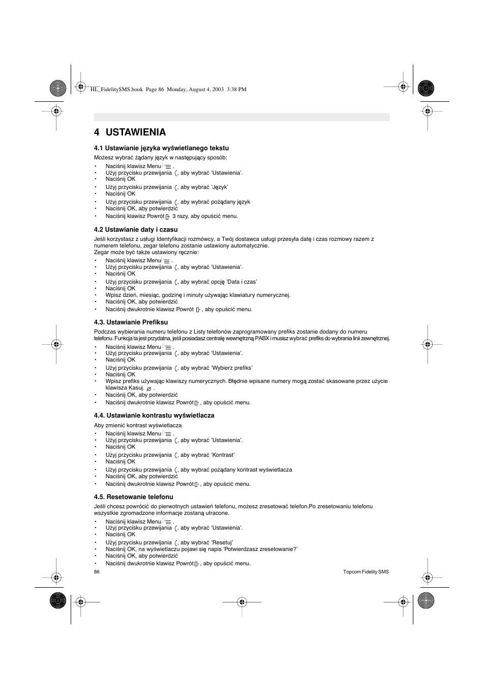 4 ustawienia | Topcom FIDELITY SMS User Manual | Page 86 / 140