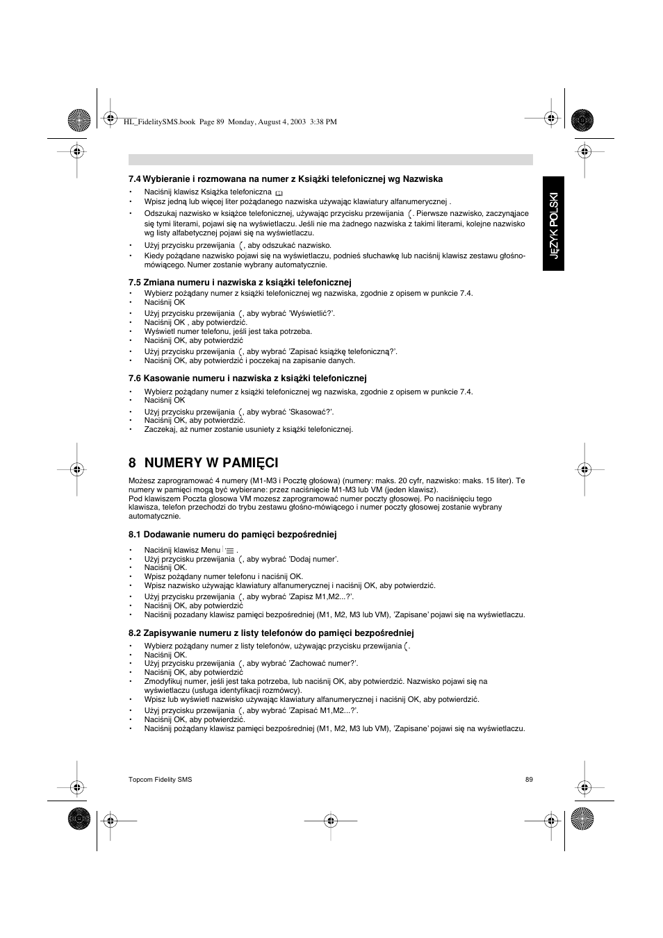 8 numery w pami ‰ci | Topcom FIDELITY SMS User Manual | Page 89 / 140