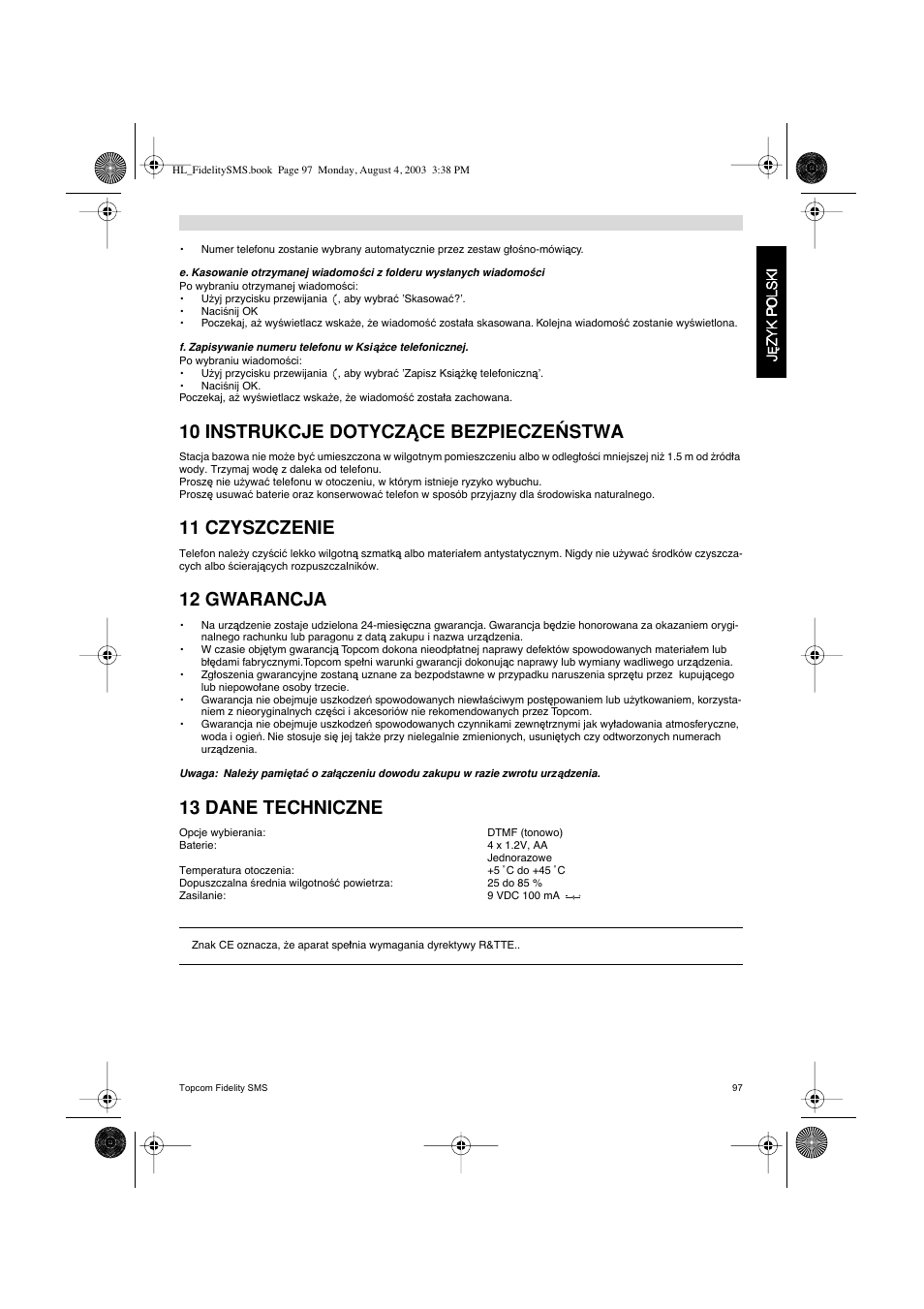 10 instrukcje dotycz åce bezpiecze˘stwa, 11 czyszczenie, 12 gwarancja | 13 dane techniczne | Topcom FIDELITY SMS User Manual | Page 97 / 140