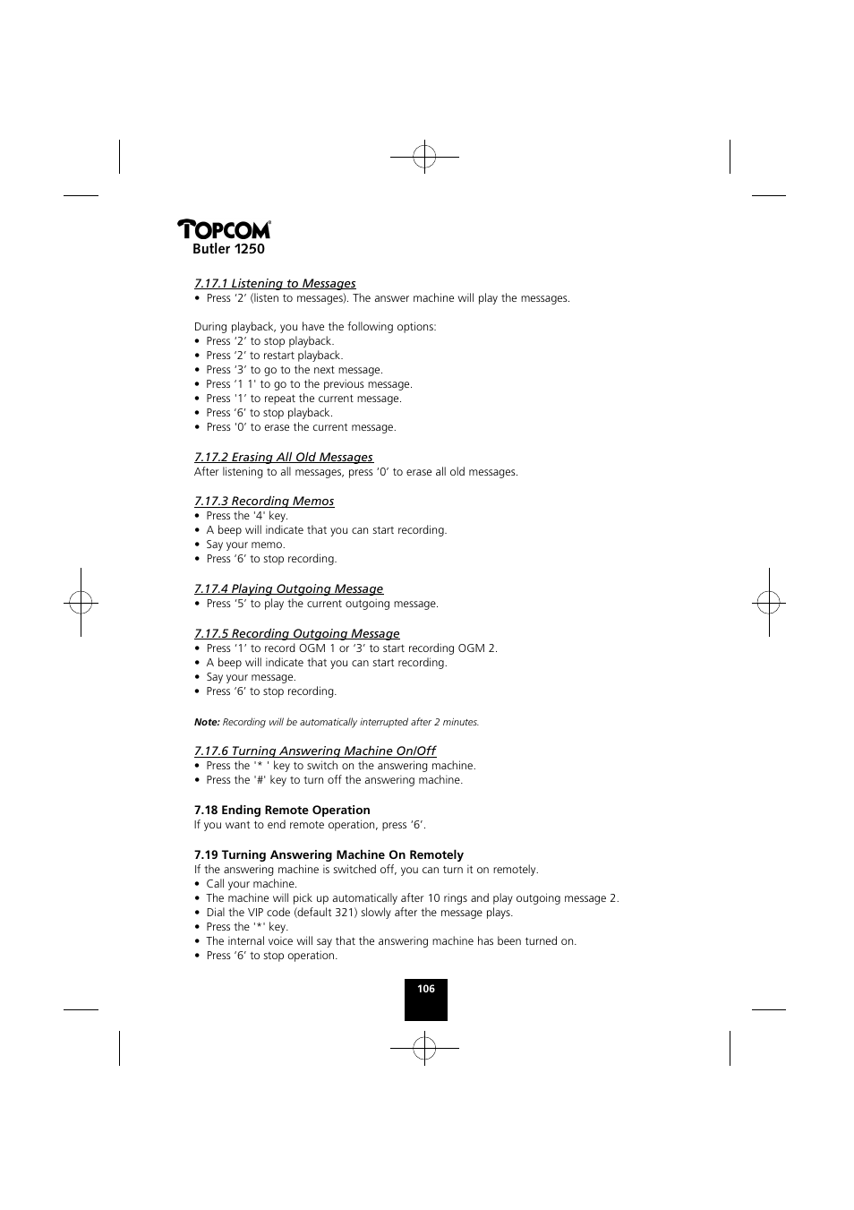 Butler 1250 | Topcom BUTLER 1250 User Manual | Page 106 / 147