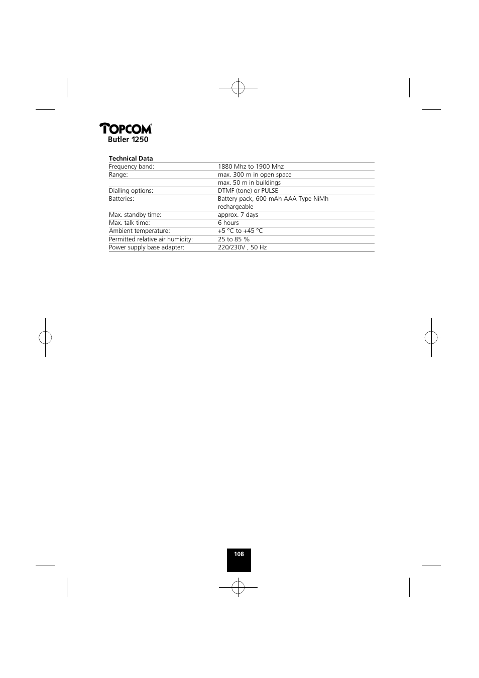 Butler 1250 | Topcom BUTLER 1250 User Manual | Page 108 / 147