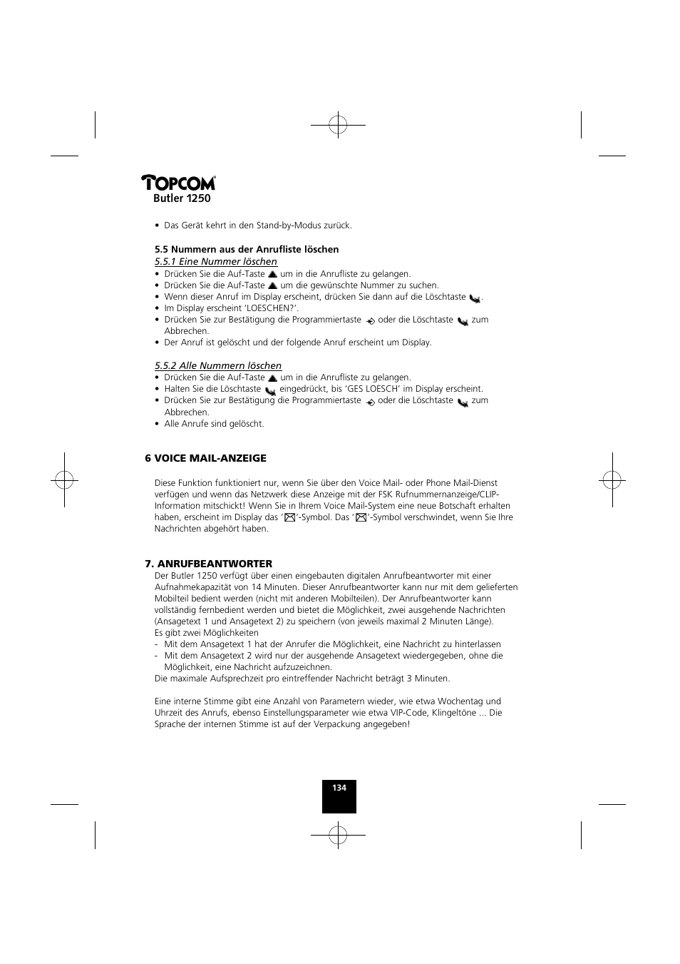 Butler 1250 | Topcom BUTLER 1250 User Manual | Page 134 / 147