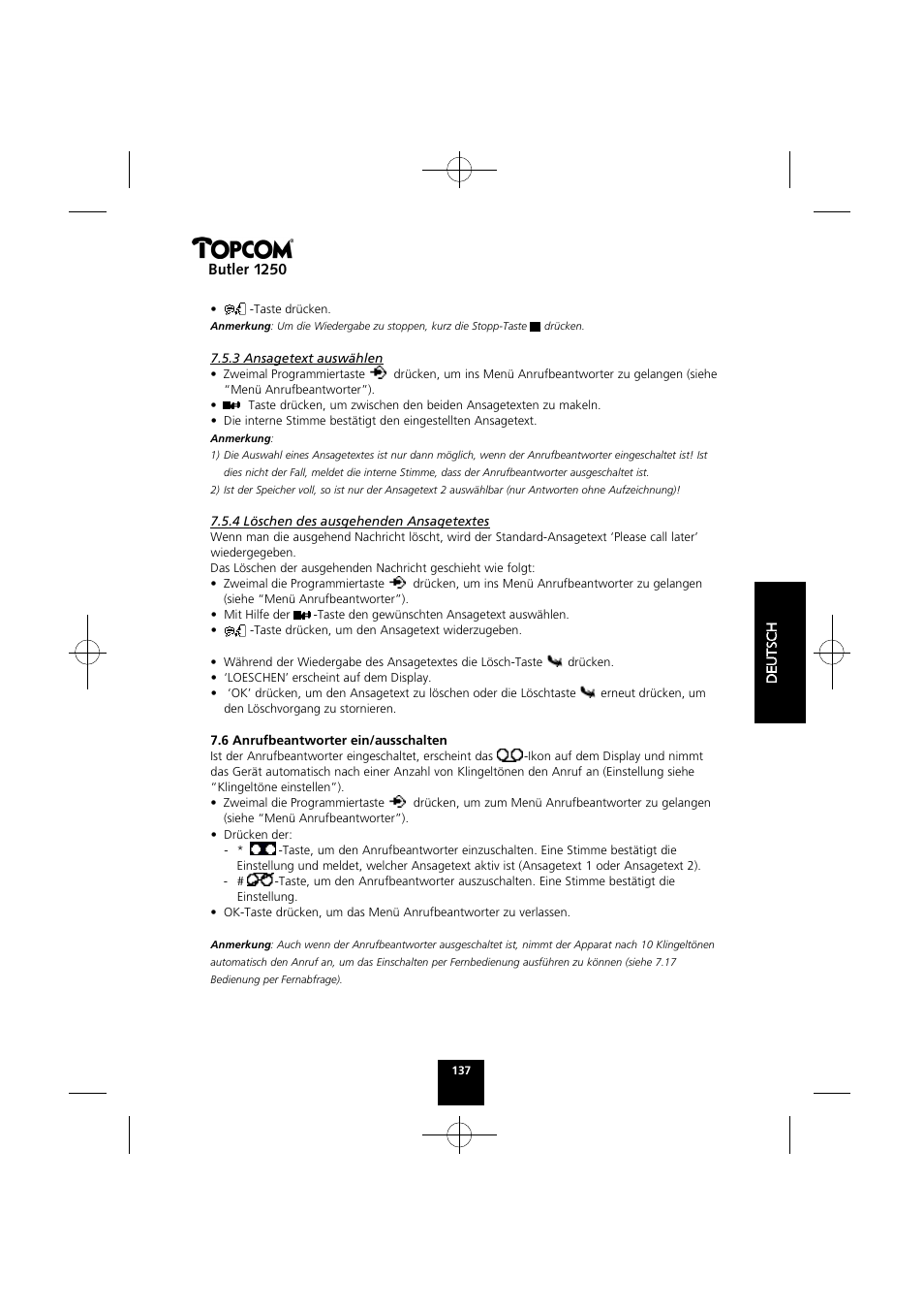 Butler 1250 | Topcom BUTLER 1250 User Manual | Page 137 / 147