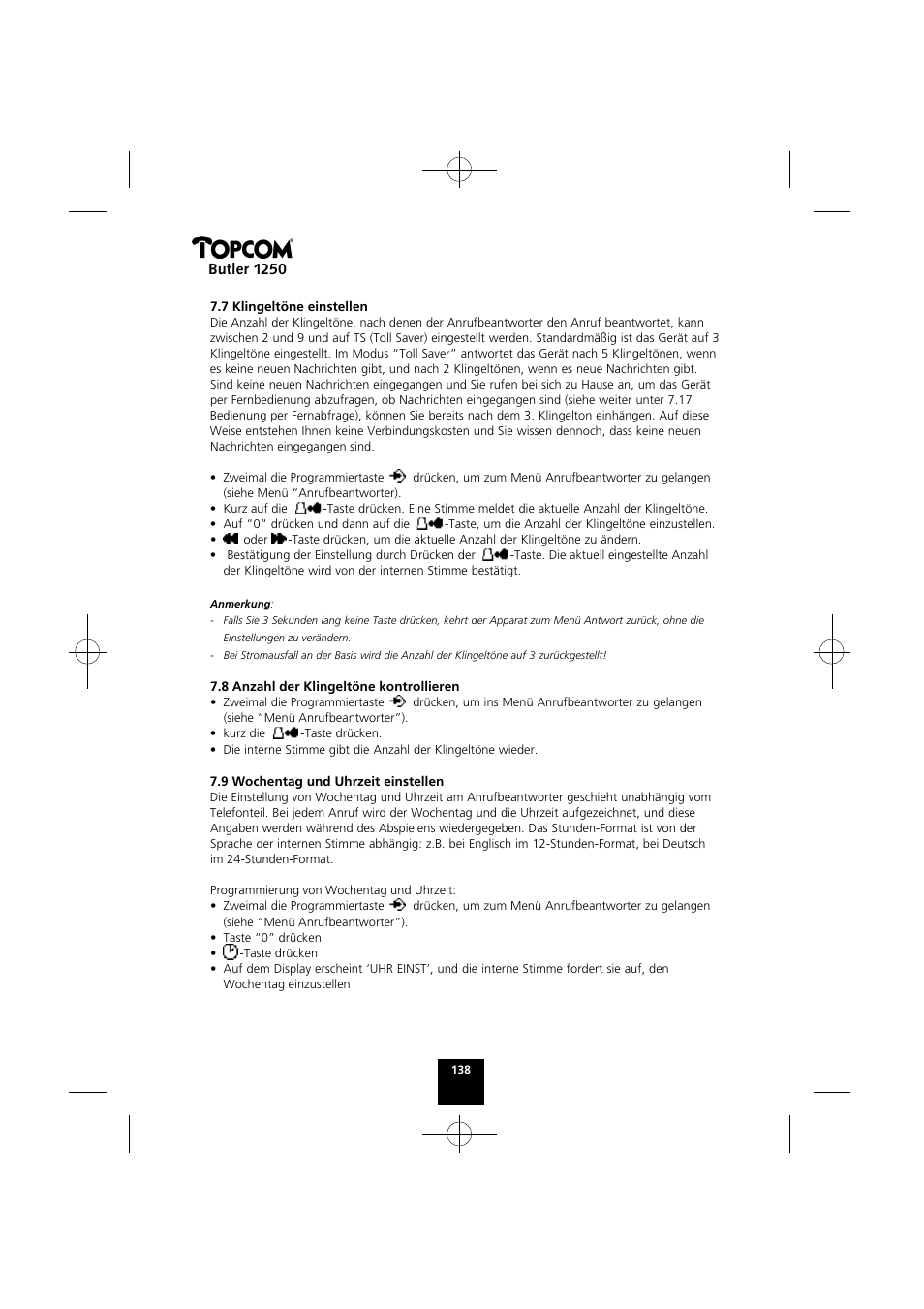 Butler 1250 | Topcom BUTLER 1250 User Manual | Page 138 / 147