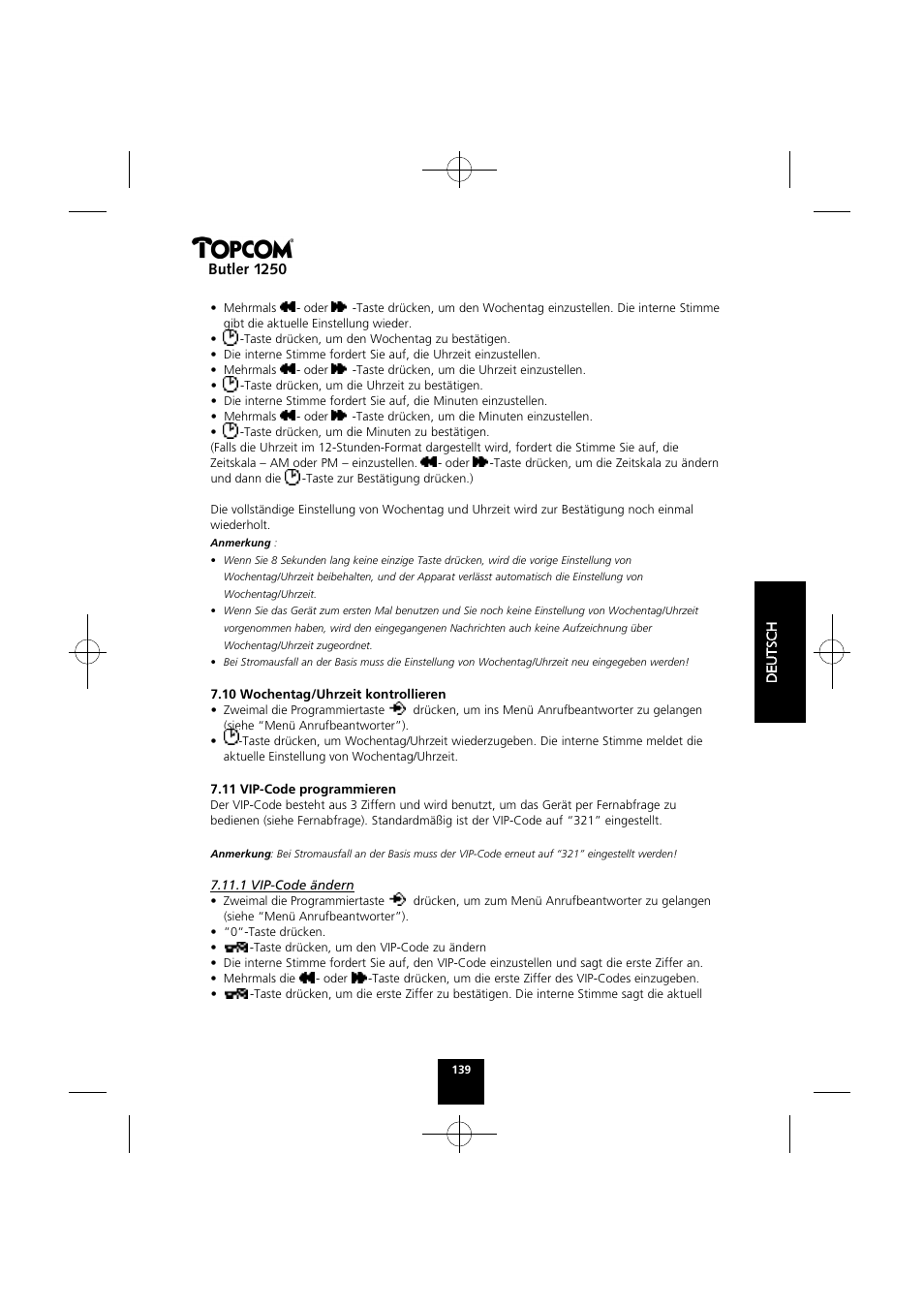 Butler 1250 | Topcom BUTLER 1250 User Manual | Page 139 / 147