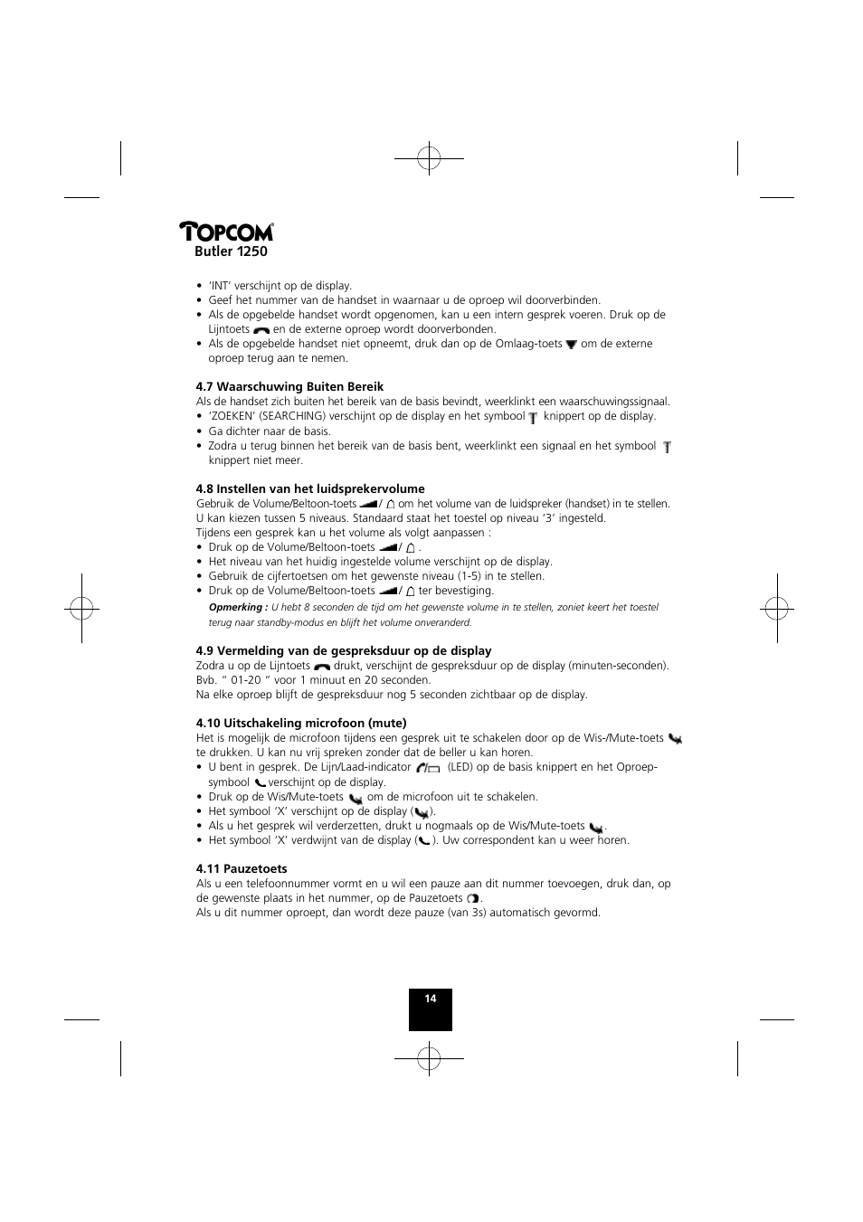 Butler 1250 | Topcom BUTLER 1250 User Manual | Page 14 / 147