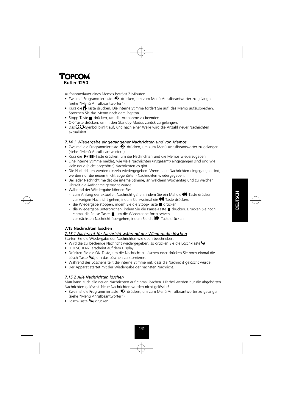 Butler 1250 | Topcom BUTLER 1250 User Manual | Page 141 / 147