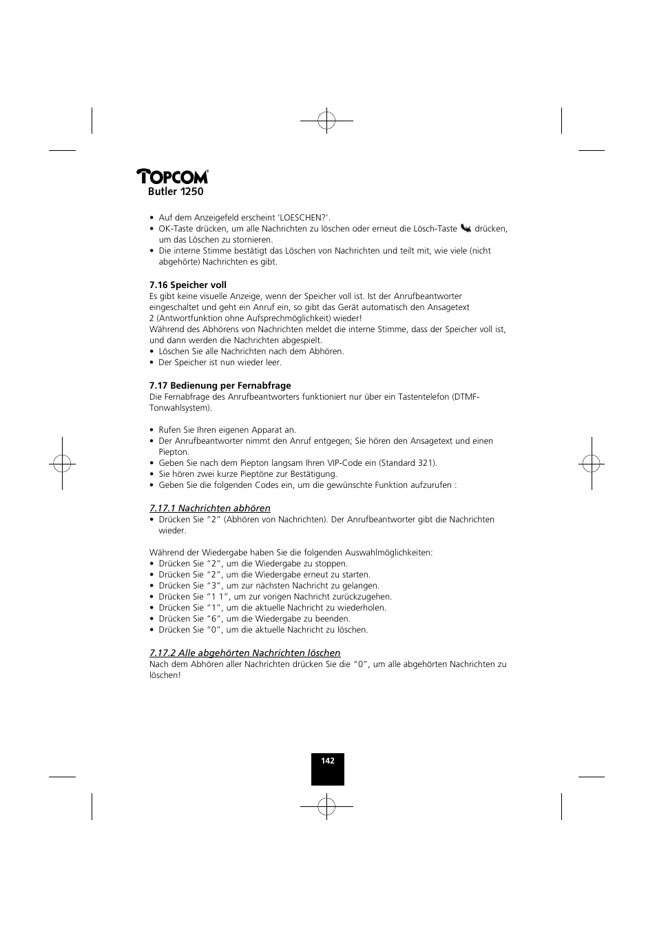 Butler 1250 | Topcom BUTLER 1250 User Manual | Page 142 / 147