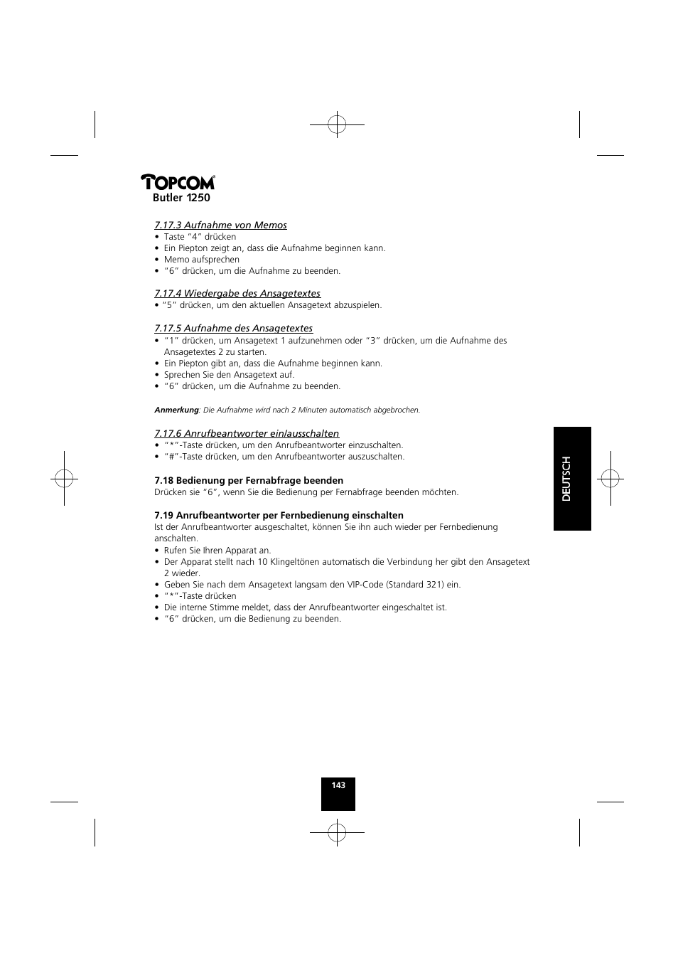Butler 1250 | Topcom BUTLER 1250 User Manual | Page 143 / 147