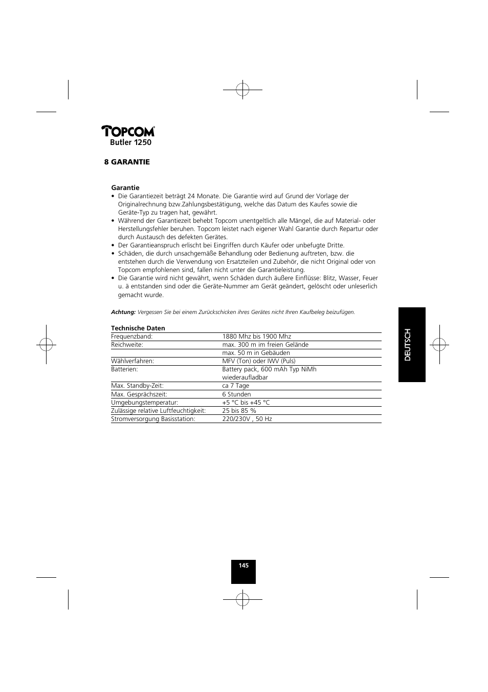 Butler 1250 | Topcom BUTLER 1250 User Manual | Page 145 / 147