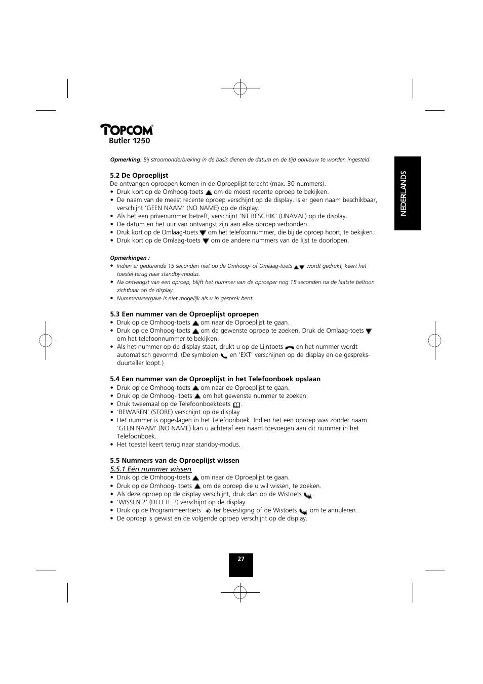 Butler 1250 | Topcom BUTLER 1250 User Manual | Page 27 / 147