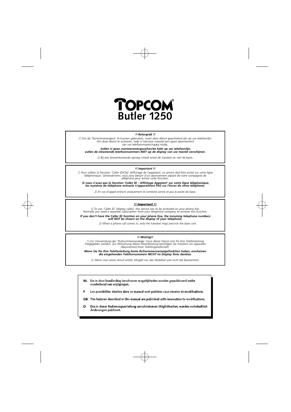 Butler 1250 | Topcom BUTLER 1250 User Manual | Page 3 / 147
