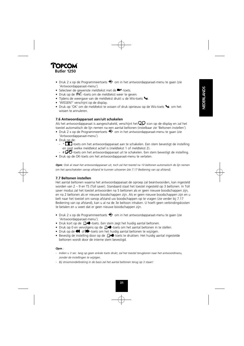 Butler 1250 | Topcom BUTLER 1250 User Manual | Page 31 / 147