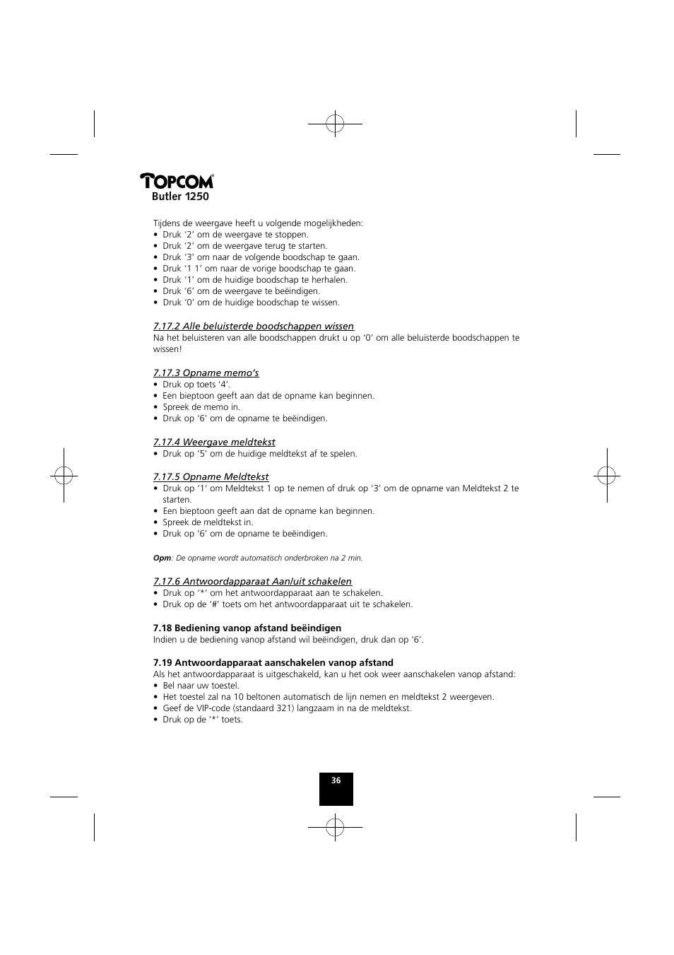 Butler 1250 | Topcom BUTLER 1250 User Manual | Page 36 / 147