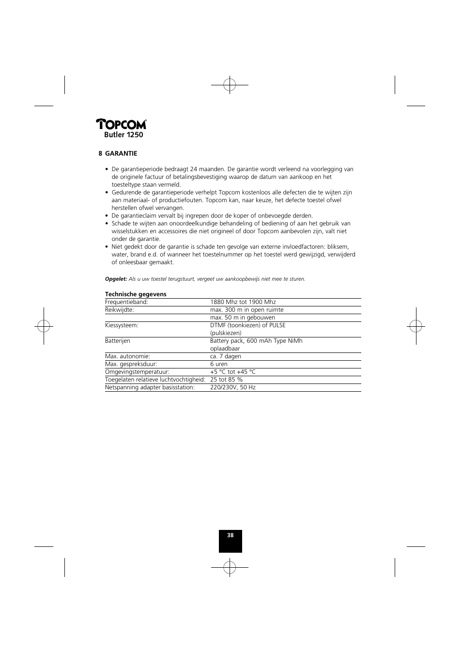 Butler 1250 | Topcom BUTLER 1250 User Manual | Page 38 / 147