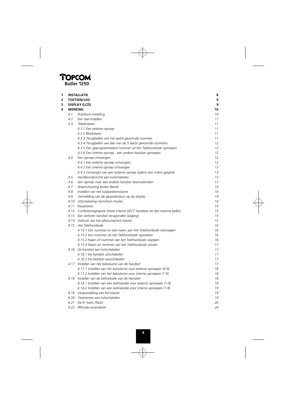 Butler 1250 | Topcom BUTLER 1250 User Manual | Page 4 / 147