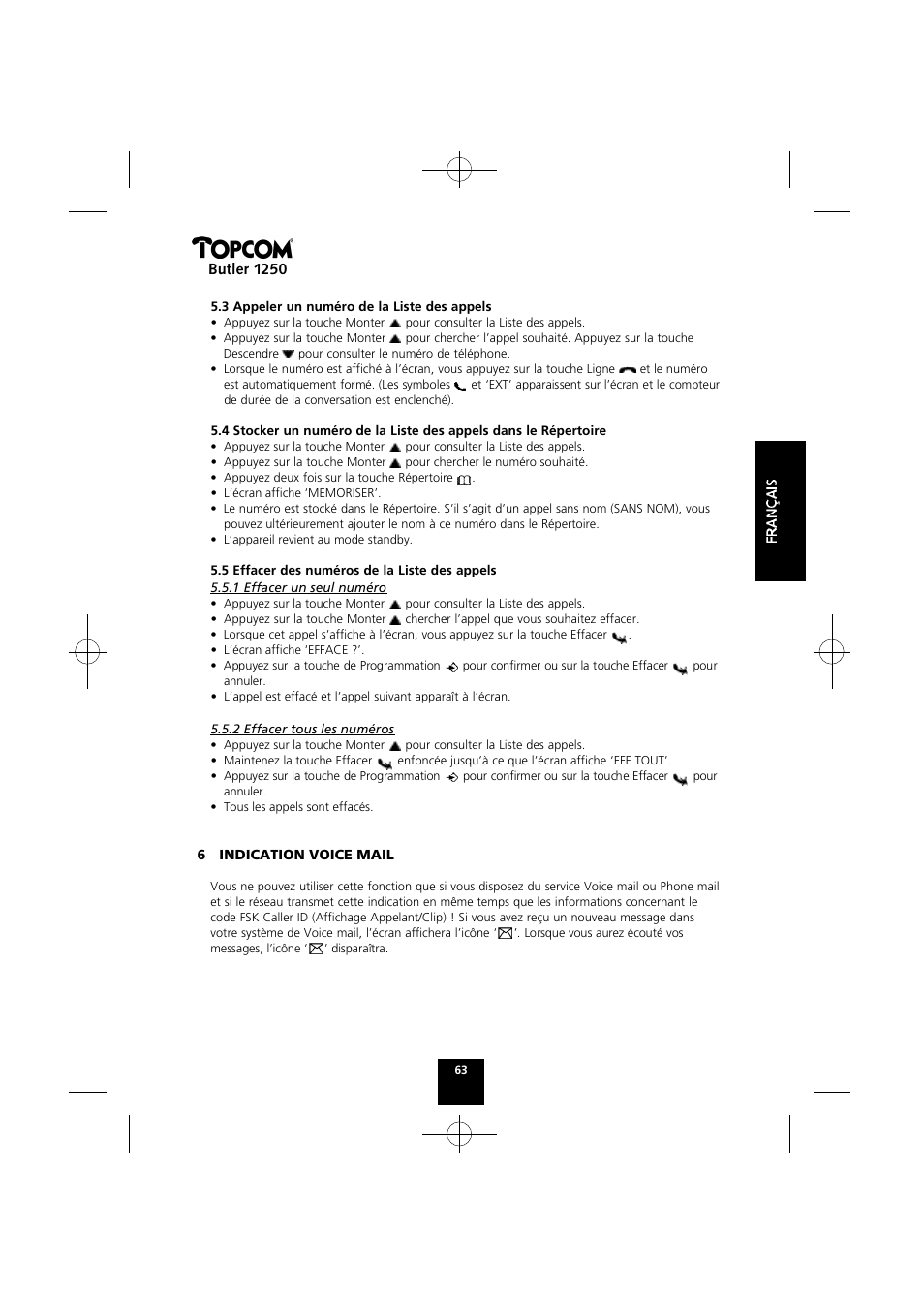 Butler 1250 | Topcom BUTLER 1250 User Manual | Page 63 / 147
