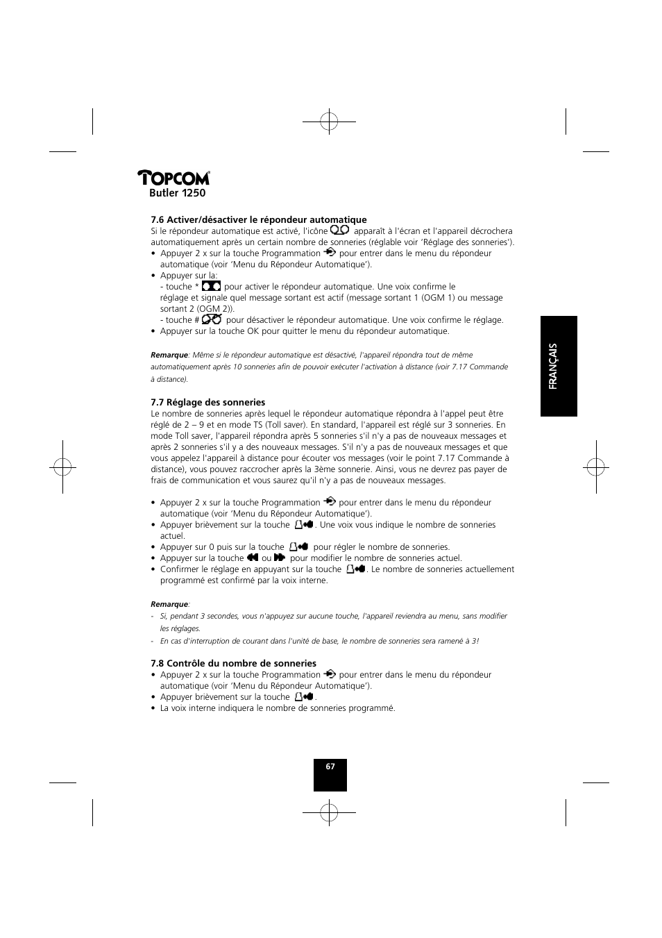 Butler 1250 | Topcom BUTLER 1250 User Manual | Page 67 / 147