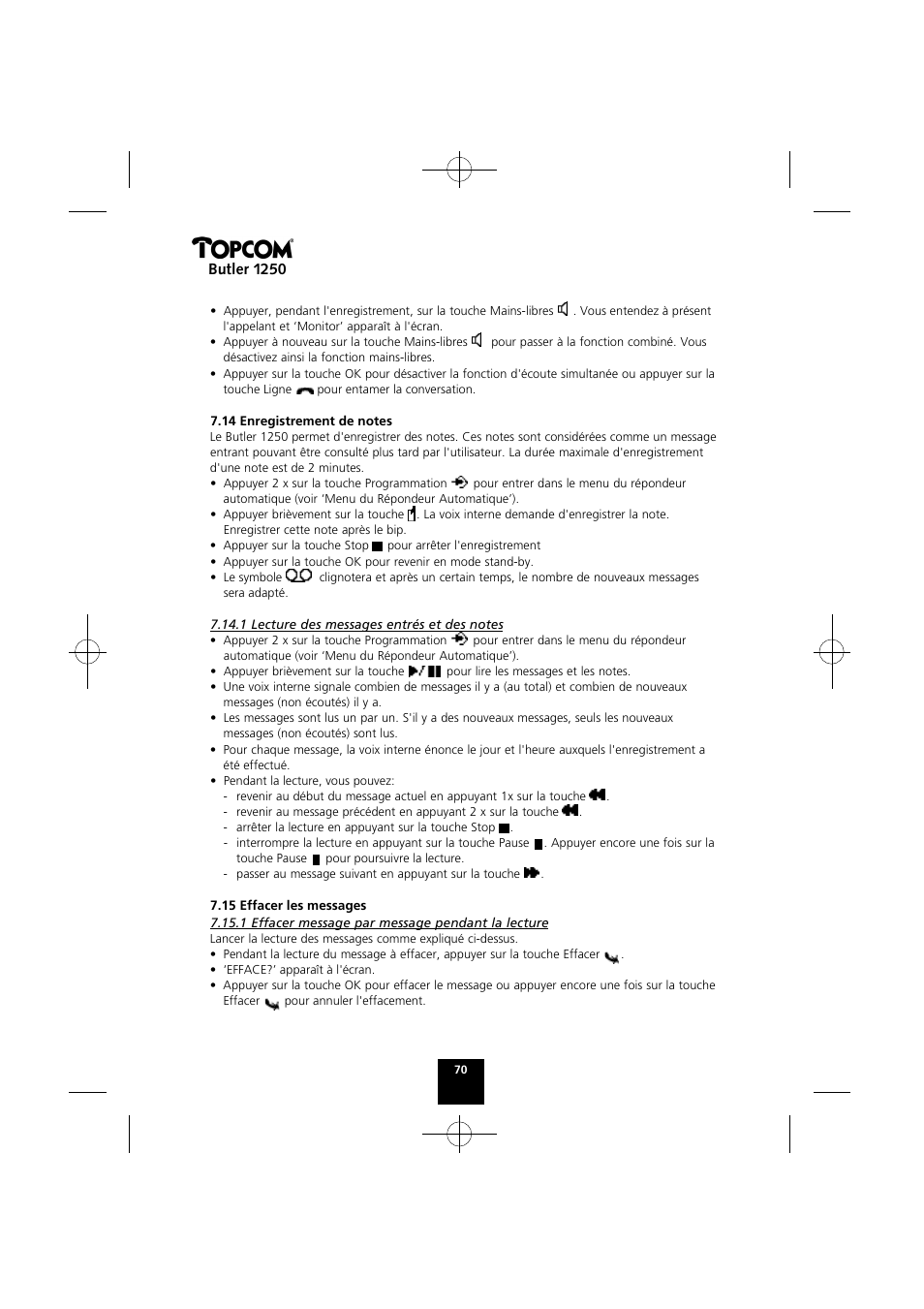 Butler 1250 | Topcom BUTLER 1250 User Manual | Page 70 / 147