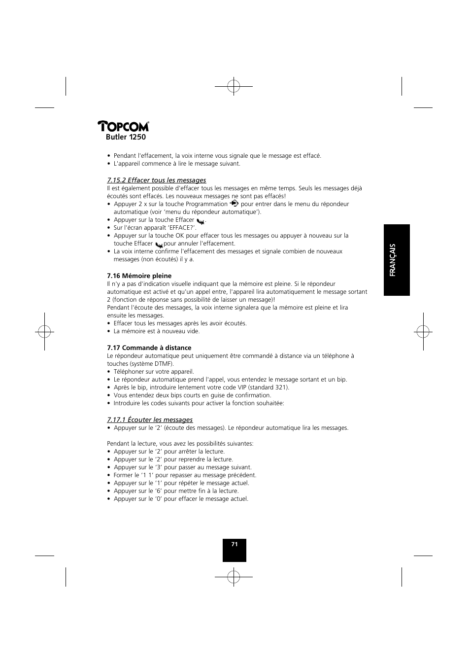 Butler 1250 | Topcom BUTLER 1250 User Manual | Page 71 / 147