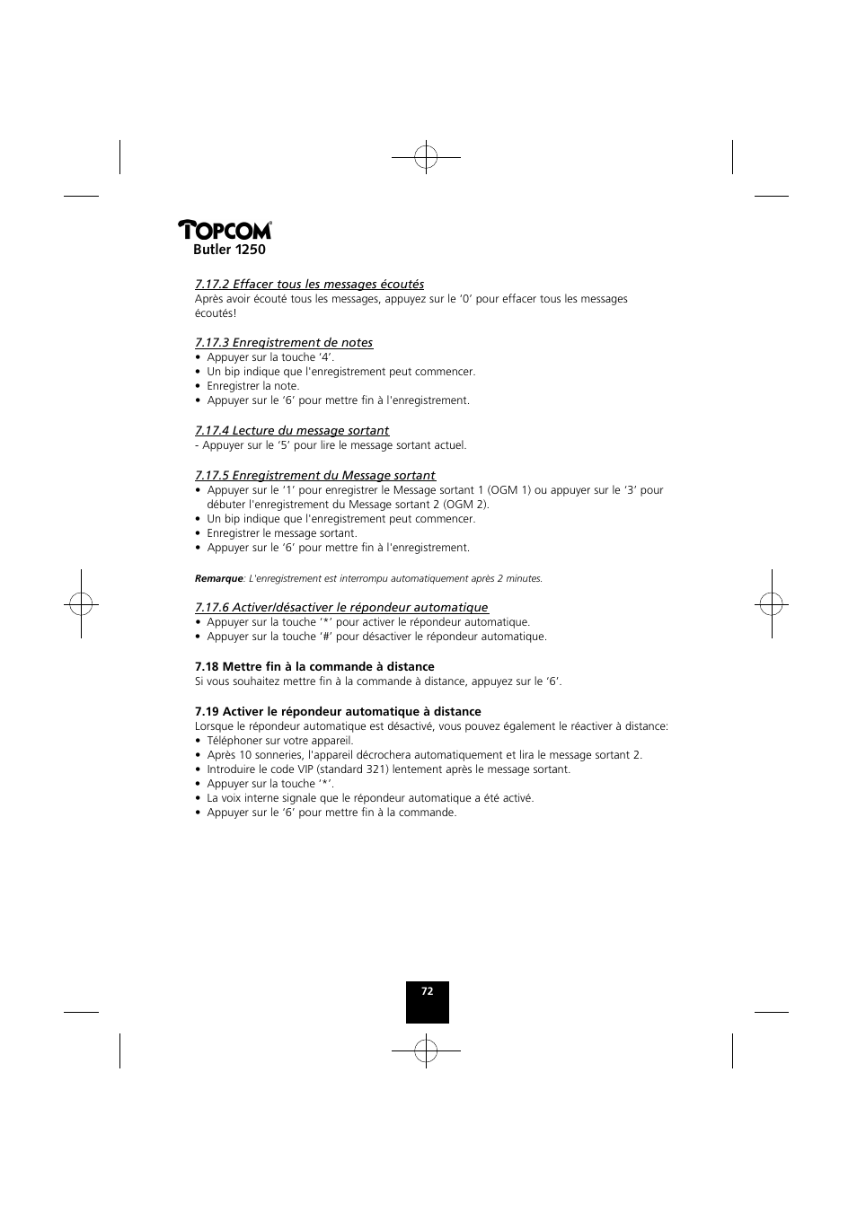 Butler 1250 | Topcom BUTLER 1250 User Manual | Page 72 / 147