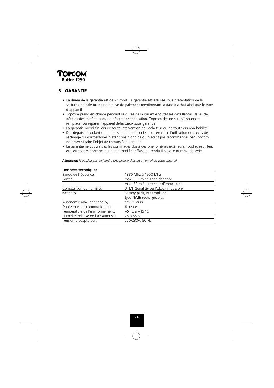 Butler 1250 | Topcom BUTLER 1250 User Manual | Page 74 / 147