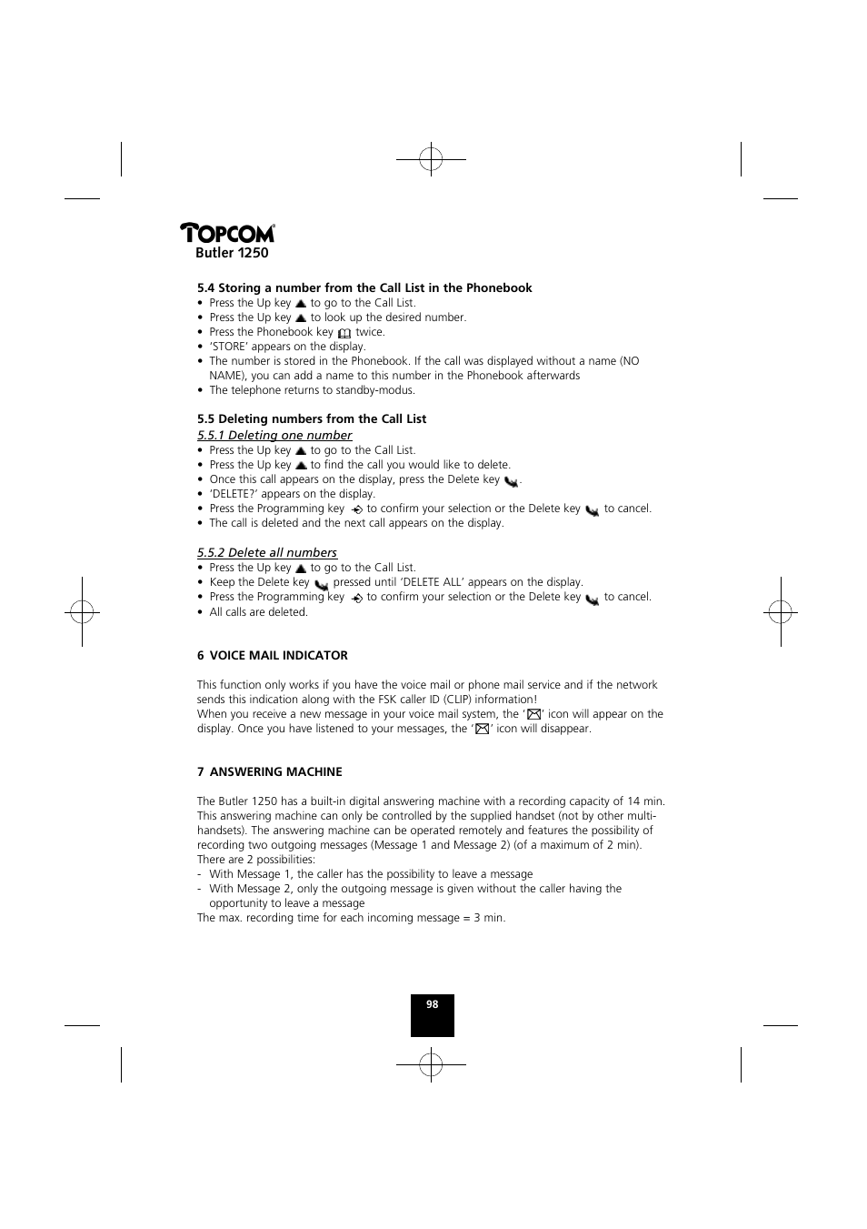 Butler 1250 | Topcom BUTLER 1250 User Manual | Page 98 / 147